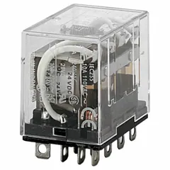 Socket-mounted general purpose relay from the LY Series with a 48V DC coil, 4PDT contact configuration, and 14 pins/terminals. Features a square base with plug-in mounting and plug-in electrical connection. Suitable for industrial control, automation, and switching applications.