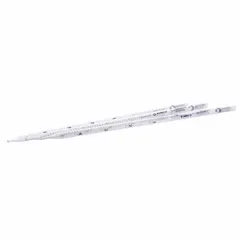Sterile, non-pyrogenic serological pipette made from borosilicate glass. Individually wrapped, with a 1 mL capacity and 0.01 mL graduation increments. Overall length 229 mm. Used for precise liquid measurement and transfer in laboratory applications such as cell culture, microbiology, and clinical diagnostics.