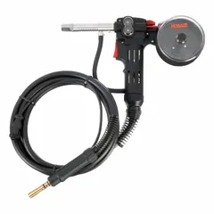 The HOBART SpoolRunner 100 spool gun is designed for MIG welding with aluminum and other soft wires. It has a maximum amperage of 150 A, accepts 0.035 in wire, and includes a 10 ft cable. Uses argon shielding gas and features a Hobart-compatible rear connection. Suitable for automotive repair, fabrication, and light industrial applications.