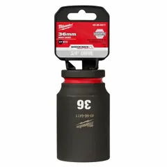 This 3/4" drive deep impact socket features a 36 mm metric, 6-point design with friction retention. It is used with impact tools for fastening and loosening hex nuts and bolts in industrial maintenance, heavy equipment assembly, and automotive repair. The black phosphate finish provides corrosion resistance.