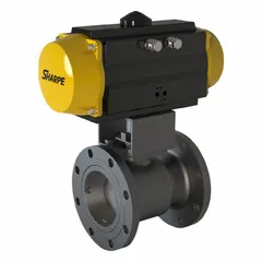 This pneumatically-actuated two-way ball valve features a carbon steel body with flange x flange connections. It is designed for on/off flow control of industrial fluids and gases in piping systems. Pilot solenoid voltage is not included.