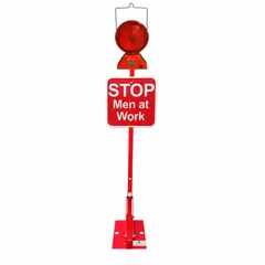 This red, solar-powered Stop Men at Work Railroad Flag Sign with Lights is designed for permanent mounting in railroad work zones. It features a red railroad lamp and operates on solar power, providing a self-contained warning solution to alert personnel and equipment operators of active work areas.