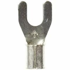 Non-insulated fork terminal for #8 stud size, accepting 12 AWG to 10 AWG wire. Standard fork configuration rated for 600 V. Suitable for electrical connections in control panels, power distribution, and equipment wiring requiring bare terminals.