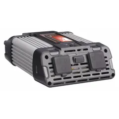 This inverter converts 12V DC battery power to 115V AC with a modified sine wave output. It provides 750 W continuous power and features battery clamps for DC connection and two AC outlets. Suitable for powering tools, electronics, and appliances in vehicles, job sites, or remote locations without grid power.