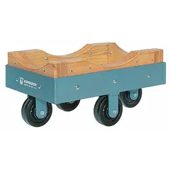 This cradle dolly is designed for transporting cylindrical loads such as drums, barrels, and tanks. It features a blue finish and solid phenolic casters for smooth movement. The dolly has a 4,000 lb capacity and measures 18 inches in height by 24 inches in width.
