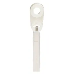 Natural-colored nylon screw mount cable tie for securing wire bundles in electrical panels, control cabinets, and industrial installations. Features a 0.25-inch mounting hole for permanent attachment to flat surfaces. Nominal length 14 inches, maximum bundle diameter 3 1/2 inches, width 0.3 inches. Supplied in a 50-pack.