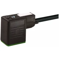 Single-ended cordset with female right-angle connector and bare wire termination. 3-pin design with 10 m PUR cable, 18 AWG wire, black jacket. IP67 rated for use in industrial environments requiring connection of solenoid valves or sensors.