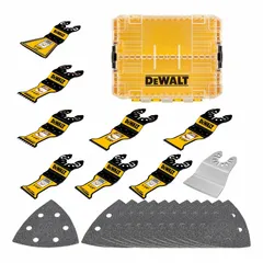 21-piece oscillating tool blade set with semi-circular design and universal open-back connection. Includes 12 sheets of 120-grit sandpaper. Suitable for cutting, sanding, and scraping in construction and renovation tasks on wood, drywall, and metal.