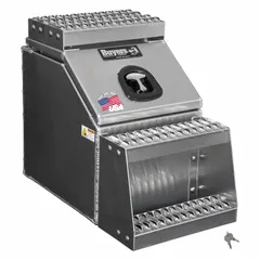 This single flip-up door truck step box provides secure, organized storage for tools and equipment while serving as a step for accessing the truck bed. Constructed of aluminum with a silver finish, it measures 28 inches deep, 24 inches high, and 16 inches wide. The keyed lock and T-handle latch keep contents secure.