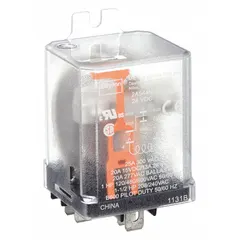 This surface-mounted relay from Dayton features a side flange mounting style and a 24V DC coil. It has SPDT contact configuration with 5 pins/terminals using 1/4 in tab terminals. Typical applications include industrial control panels, HVAC systems, and automation equipment for switching motors, solenoids, and lighting circuits.