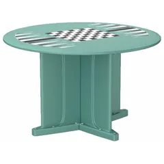 This 48-inch diameter round X-base table is made of polyethylene in Aqua. It includes a game top and accepts ballast for stability. Suitable for break rooms, cafeterias, or outdoor patios in commercial or institutional settings.
