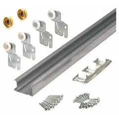 This top-mounted track kit is designed for sliding door installations. It measures 71 inches in length and 1 1/16 inches in height, supporting doors up to 60 lb. Suitable for residential or light commercial use where a smooth sliding operation is required.