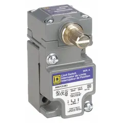 This rotary-motion limit switch from the 9007C series features a metallic body style X and plug-in design. It provides 1 normally open and 1 normally closed contact with 10° pretravel and 90° total travel. Suitable for cam-operated or rotating shaft applications in industrial automation and material handling equipment.
