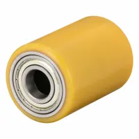 This wheel features a yellow polyurethane tread bonded to a steel core, designed for pallet jack applications in material handling. With a 3 1/4 in diameter and 4 1/2 in width, it provides floor-friendly mobility for moving loads in warehouses and industrial settings