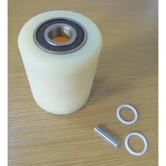 This load wheel kit is a replacement part for pallet jacks, compatible with models 2TUR3, 2TUR4, 2ZE58, and 2ZE62. The kit includes white wheels and is used to restore mobility and load-bearing function in manual pallet jacks for material handling applications.