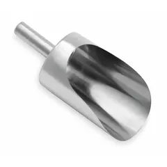 This stainless steel hygienic hand scoop is designed for food handling, ingredient dispensing, and material transfer in commercial kitchens and food processing environments. It measures 14 inches in overall length and 5 1/2 inches in overall width. The scoop is made of silver stainless steel and is not dishwasher safe.