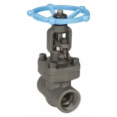 This SHARPE gate valve features a forged steel body and bonnet with a rising stem and solid wedge made of 410 stainless steel. It has FNPT x FNPT connections and is rated for 1,975 psi CWP. The valve is operated by a wheel and is suitable for on-off service in high-pressure fluid systems.