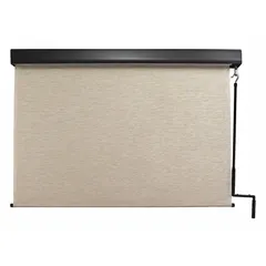 Pole-and-crank-operated exterior shade with 96-inch valance width, Maui fabric, and Oil Rubbed Bronze valance. Provides 72% UV protection. Features a bungee and hook tie-down system for wind resistance. Right-side operation. Suitable for patios, decks, or windows in residential or light-commercial outdoor spaces.