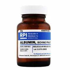 This protease inhibitor is bovine serum albumin (BSA) fraction V supplied as a lab-grade powder in a glass container. With a pH range of 6.5 to 7.5, it is used in molecular biology for protein stabilization and blocking in biochemical assays.