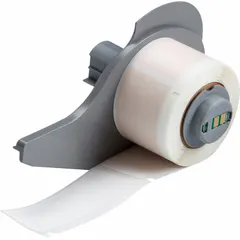 Precut wraparound label cartridge for wire and cable identification. Made of white matte polyimide, sized 2 1/2 in x 1 in, for 10 AWG to 12 AWG wire gauge. Compatible with BMP71 printer and requires M7-R4300 ribbon. Suitable for industrial electrical panels and equipment labeling.