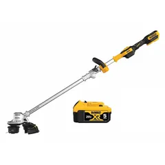 This battery-powered string trimmer features a straight shaft with a 38-inch length and a 14-inch cutting width. Powered by a 5.0 Ah battery, it is suitable for cutting grass and weeds in residential and commercial landscaping, including along fences, walls, and garden beds.