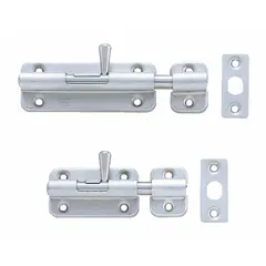 This spring-loaded door bolt is used to secure doors on industrial enclosures, cabinets, and machinery access panels. It measures 1 5/8 inches in height, 5 3/16 inches in width, and 13/16 inches in length.
