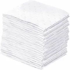 Polypropylene sorbent pads for absorbing industrial spills, leaks, and drips. Each pad absorbs 19 7/8 oz of oils, coolants, solvents, or water-based fluids. Suitable for workstations, machinery areas, and containment zones. Supplied in a 200-pack.