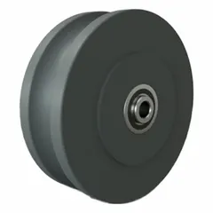 U-groove wheel with 6 in diameter and 2 in width, designed for 1/2 in axle. Load capacity of 1,275 lb. Suitable for use on industrial track systems such as overhead cranes, conveyors, and material handling equipment.