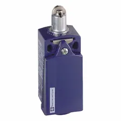 Top-mount roller-plunger limit switch with a non-metallic body and steel actuator. Features screw clamp terminals for wiring. Used for position sensing and control in industrial automation, packaging, material handling, and machine tool applications.