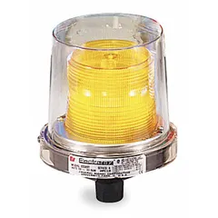 Amber multimode strobe light for hazardous locations. Operates at 120V AC with a threaded mount. Overall height 7 1/2 in, diameter 5 1/2 in. Provides visual warning in industrial environments where safety signaling is required.