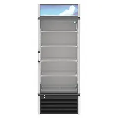 Single-door glass merchandiser with swing door and silver finish. Features five adjustable shelves for organized product display. Suitable for commercial food and beverage storage in retail settings.