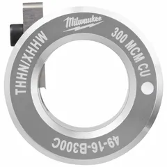 This stripping bushing is designed for use with MILWAUKEE tools 2435-20 and 2935-20. It accommodates copper wire with a maximum capacity of 300 MCM and is compatible with THHN/XHHW insulation types. Used for stripping insulation from large-gauge wire in preparation for termination.
