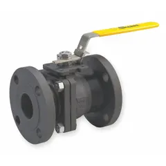 Carbon steel straight ball valve with Class 150 flanged ends and two-piece body. Features a polymer seat and locking lever handle for manual on/off flow control in industrial piping systems handling liquids, gases, or slurries.