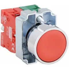 Momentary flush-mount push button with a metallic construction and 22 mm mounting hole. Features 1 normally open and 1 normally closed contact with pressure plate terminals. Suitable for industrial control panels and machinery where a flush profile helps prevent accidental actuation.