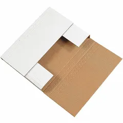 White single-wall corrugated cardboard mailer with easy-fold closure. Inside length 11-3/4 in, ECT-32-B board test. Pack of 50. Suitable for shipping lightweight items such as documents, books, or small parts.