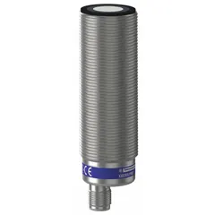 Cylindrical ultrasonic sensor with M30 threaded housing and built-in 5-pin M12 connector. PNP output, supply voltage 10-30V DC. Suitable for non-contact distance measurement and object detection in industrial automation.