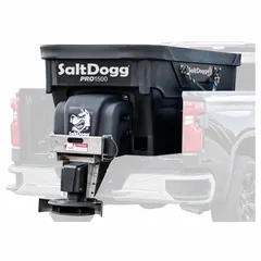 This broadcast spreader mounts in a truck bed and is powered by the vehicle battery. It features a poly hopper and plastic frame, with a variable pitch auger drive mechanism. Suitable for spreading salt, sand, or fertilizer on roads, parking lots, and fields.