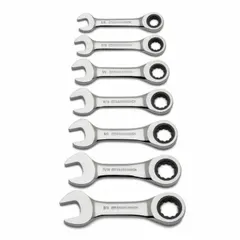 This 7-piece SAE 12-point ratcheting combination wrench set is constructed from alloy steel with a full polish chrome finish. The set includes wrenches with standard and rounded ends, designed for general fastening tasks in industrial settings. The ratcheting box end enables efficient tightening and loosening in confined spaces.