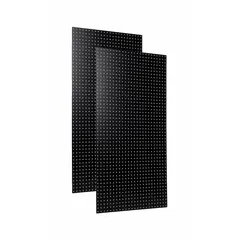 Set of two high-density fiberboard pegboard panels with a painted black finish. Each panel measures 48 inches by 24 inches by 1/4 inch and features 1/4 inch round peg holes. Suitable for organizing tools and accessories in workshops, garages, and storage areas.