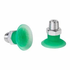 This flat-type vacuum pad assembly is designed for handling film, paper, and food-safe materials in packaging and printing applications. It features a 31.5 mm pad diameter, 19.5 mm pad height, and a 1/8 in NPT vacuum port. The green pad provides gentle, secure gripping for delicate surfaces without marking.