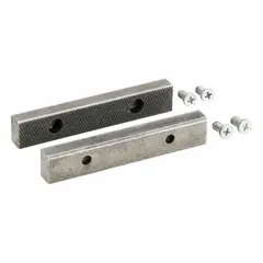 Steel screw-in vise jaw caps designed to replace worn or damaged jaws on a vise. Each set includes four screws for installation. Used in clamping operations to restore grip and protect the vise from wear.