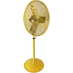 This HESSAIRE industrial pedestal fan features a 36-inch blade diameter and a 1/2 hp motor for high-volume air circulation in large spaces. It operates on single-phase 115V AC, with two speeds and non-oscillating airflow. Suitable for warehouses, factories, and workshops to improve ventilation and worker comfort.