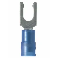 Nylon-insulated locking fork terminal for #8 stud size, accepting 16 AWG to 14 AWG wire. Rated 600 V. Blue color. Suitable for power distribution and control wiring applications requiring secure connections.