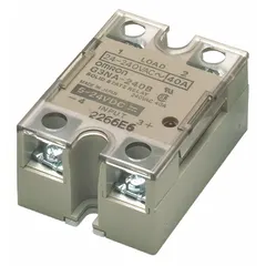 Surface-mounted solid state relay with phototriac AC output, Form A (SPST-NO) switch configuration. DC input control, 40 A rated output current without heat sink, output voltage range 200 to 480V AC. Finger-safe design with screw clamp electrical connection. Suitable for switching AC loads in industrial automation and process control systems.