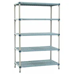 This METRO shelving unit features a steel frame and steel shelves with antimicrobial resistance. It includes five shelves, each measuring 24 in x 36 in, with a total height of 74 in. The quick-adjust mechanism allows for easy shelf repositioning. Suitable for environments requiring hygiene and corrosion resistance, such as cleanrooms, healthcare facilities, laboratories, and food processing areas.