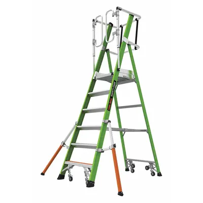 LITTLE GIANT Stepladder: 6 ft Ladder Size, Fiberglass, 375 lb Load Capacity, 65 lb Wt - Ultra-Stable Rolling Safety-Cage Podium Stepladders