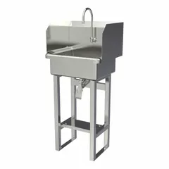 This one-station freestanding hand sink includes a faucet and is constructed of 16-gauge stainless steel. The bowl measures 17 inches in length and 7 inches in depth, with a flow rate of 2 gpm. Suitable for commercial handwashing applications where a self-contained sink is required.