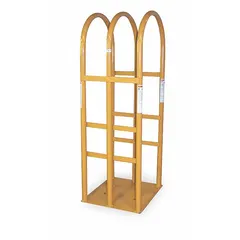 This 3-bar safety cage is designed for inflating heavy duty truck tires. It weighs 158 lb and has an overall height of 65 in. The cage helps contain explosive tire or rim failures during inflation, protecting personnel in fleet and vehicle maintenance facilities.