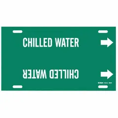 Strap-on pipe marker for identifying chilled water piping systems. Green background with white legend text and directional arrows. Fits pipe outer diameters from 8 to 9-7/8 inches. Suitable for use in industrial, commercial, and HVAC applications to indicate pipe contents and flow direction.