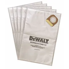 This 1-ply fleece vacuum bag is designed for dry pickup only. It is a standard replacement bag compatible with Dewalt DCV585 and DCV586 shop vacuums, suitable for collecting fine dust and debris in workshop or construction cleanup applications.